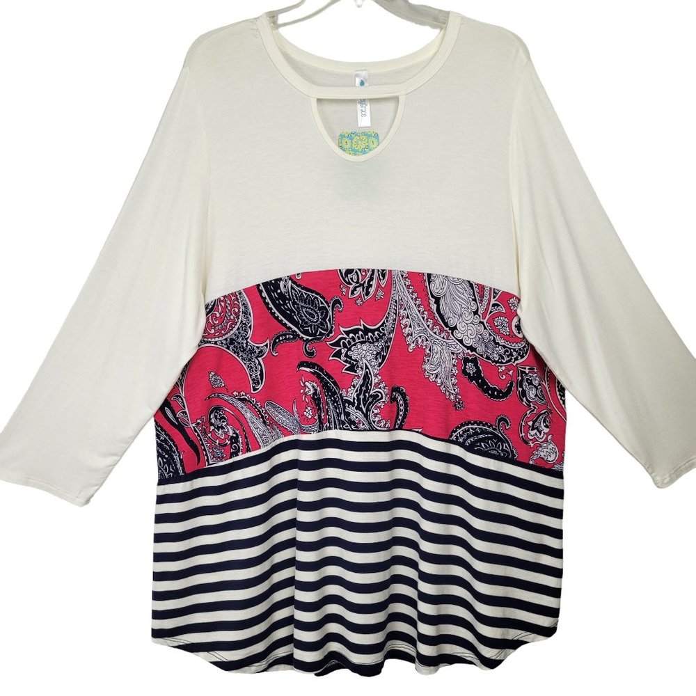 Paisley Grace Women's 3X Top 3/4 Sleeve Stretch Keyhole Neck Paisley Stripe NWT